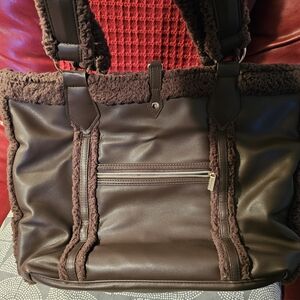 Brown Faux Leather Tote Bag with Shearling Trim